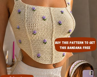 Patrón de top de crochet estilo corsé Rosebud, bordado estilo cottagecore en PDF, top de verano (descarga digital)