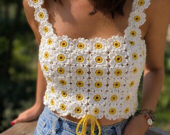 Daisy Flower Crochet Crop, Crochet Top Pattern, Cottagecore Boho Summer Tank, Crochet PDF Download