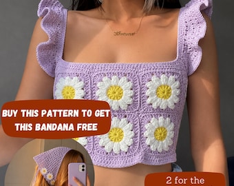 Top corto de ganchillo con cuadrados Daisy Grandma, patrón de top sin mangas de verano estilo cottagecore (PDF)