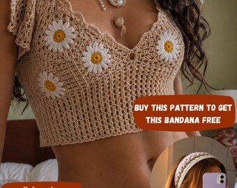 Patrón de top corto de ganchillo con mangas abullonadas y diseño de margaritas – Algodón color crema, encaje de malla en V (descarga en PDF)