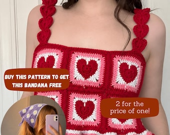 Patrón de top corto de ganchillo con cuadrados de corazón para abuela (descarga en PDF), top de verano con volantes en el bajo.