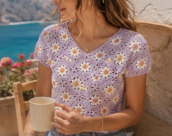 Patrón de ganchillo Daisy Grandma Square con cuello en V (descarga en PDF), color lavanda bohemio, top de ganchillo de verano.