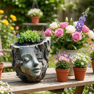 Op de afbeelding: Een unieke bloempot in de vorm van een gezicht dat uit een boomstam komt, gevuld met groen. De bloempot is grijs en bruin, met een sereen gezicht. Andere bloempotten, waaronder roze rozen en madeliefjes, zijn gerangschikt op een houten tafel in een tuin.