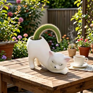 Puede incluir: Una maceta de cerámica blanca con forma de gato con un cactus dentro, sobre una mesa de madera. El gato tiene los ojos cerrados y orejas rosas. Una taza de café y pequeñas plantas en macetas también están sobre la mesa.