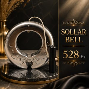 May include: A silver-toned circular bell with an open gap, featuring engraved eye symbols and a small star. A light-coloured cord is attached to the top. Next to it stands a black cylindrical mallet. The text SOLLAR BELL 528 Hz is displayed.