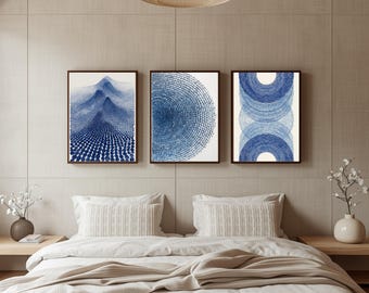 Blue Abstract Prints Wall Art Set of 3, Minimalist Triptych, Japandi Geometric Poster Set.
