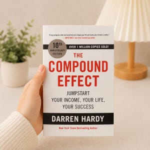 May include: A white book titled "The Compound Effect" by Darren Hardy. The cover features red and black text, with the words "10th Anniversary Edition" and "Over 1 Million Copies Sold!". The book promises to jumpstart income, life, and success.