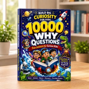 May include: A hardcover book titled 10000 Why Questions: Build Big Curiosity for Kids. The dark blue cover features illustrations of a rocket, a dinosaur, a microscope, a dog, and three children in a book-shaped boat, with text about science.