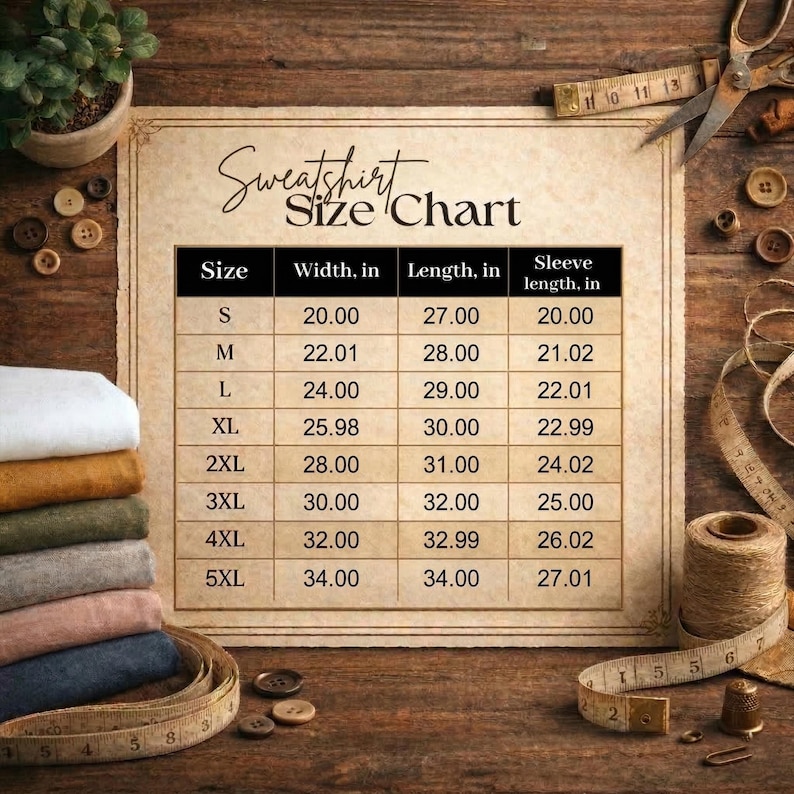 May include: A beige sweatshirt size chart printed on paper with black text, listing sizes S through 5XL with width, length, and sleeve length measurements in inches. The chart is surrounded by sewing supplies including buttons, fabric, and a measuring tape.