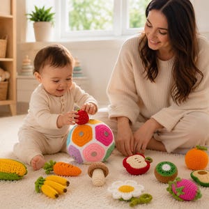 Peut inclure: Une collection de jouets en peluche crochetés et colorés en forme de divers fruits, légumes et un champignon, incluant un épi de maïs, une carotte, des bananes, une tranche de pomme, un kiwi, une orange, un avocat, un fruit du dragon et une fleur.