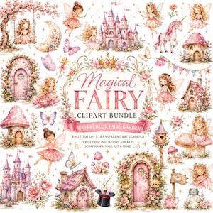 Magical Fairy Clipart Bundle, Watercolor Fairy Garden Elements (Digital Download)