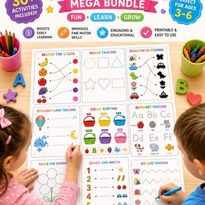 Puede incluir: Un paquete de hojas de trabajo preescolares con más de 30 actividades que incluyen emparejar colores, trazar formas, emparejar sombras, trazar líneas rectas, clasificar colores, trazar el alfabeto, trazar flores, contar y trazar zigzags.