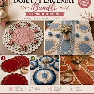 Set di tovagliette e runner da tavola all'uncinetto, pizzo smerlato blu polvere, arredamento rustico boho