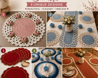 Crochet Table Runner Placemat Set, Dusty Blue Scalloped Lace, Farmhouse Boho Decor