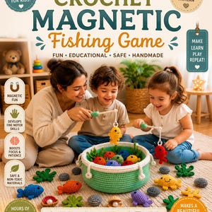 May include: A crochet magnetic fishing game pattern featuring a light green basket filled with various colorful crocheted fish, two small fishing rods, and additional crocheted sea life elements including starfish, shells, and rocks.