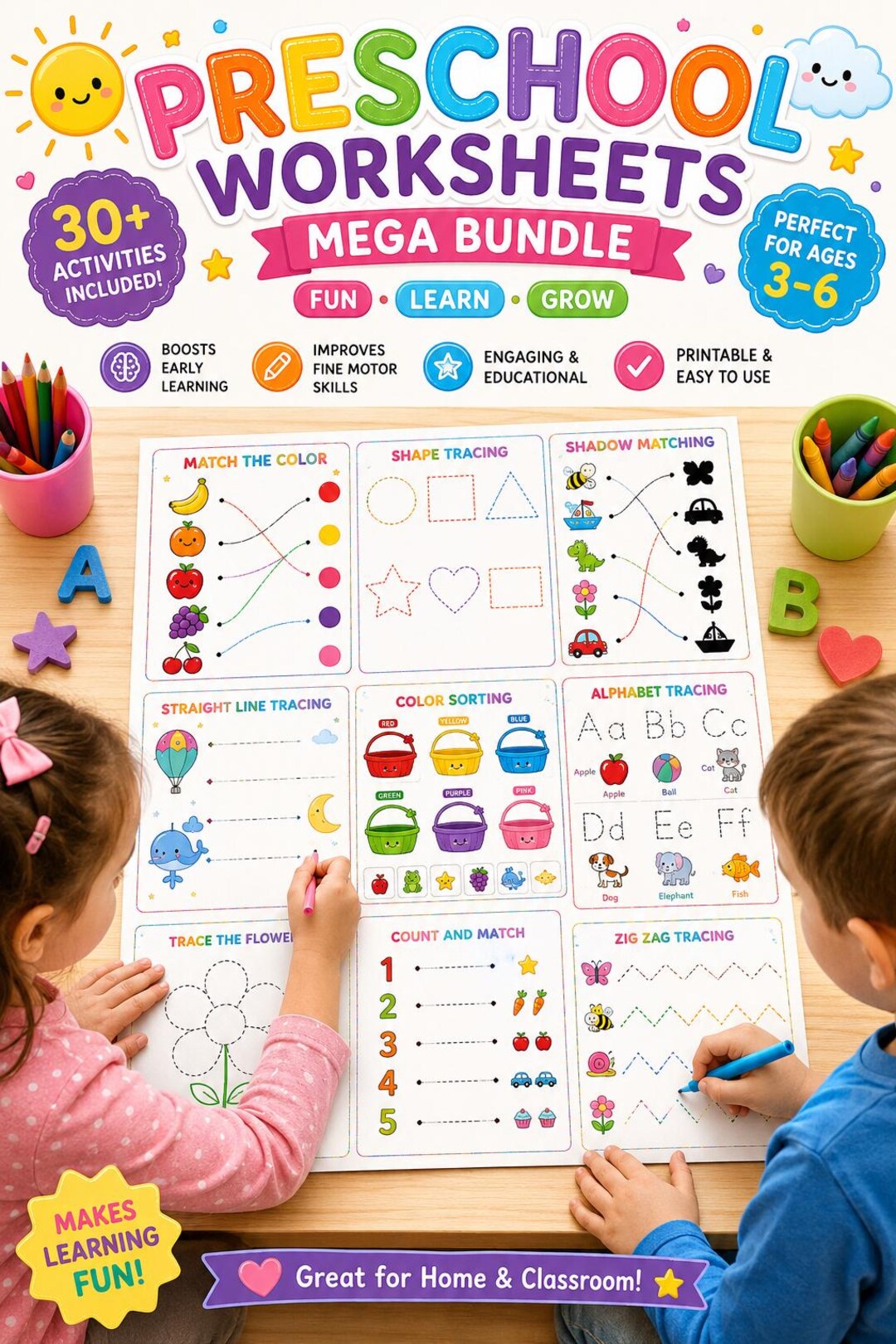 Preschool Tracing Worksheets Bundle, Shapes, Colors, Alphabet Learning ...