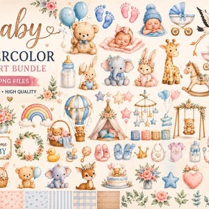 May include: A digital clipart bundle featuring watercolor illustrations of baby-themed items including teddy bears, elephants, rabbits, a giraffe, a stork, baby carriages, balloons, floral arrangements, toys, and the text Baby WATERCOLOR CLIPART BUNDLE.