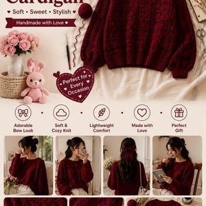May include: A deep burgundy long-sleeve knit cardigan featuring a textured open-stitch pattern, a crew neckline, and ribbed cuffs and hem. The garment is displayed in a collage showing various angles, including a flat lay and worn views.
