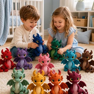 Peut inclure: Une collection de dix petites peluches dragons en crochet faites à la main, déclinées en plusieurs couleurs dont rouge, violet, bleu, vert, rose, jaune, orange et marron. Chaque dragon possède de grands yeux jaunes, de petites ailes et un corps en fil texturé.