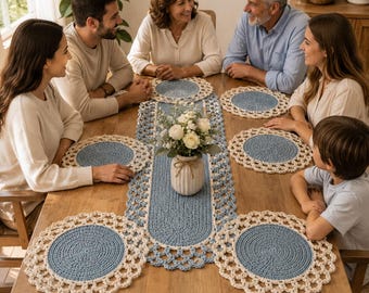 Crochet Table Runner Placemat Set, Boho Dusty Blue Scalloped Lace Pattern, Farmhouse Dining Table Decor Crochet Pattern