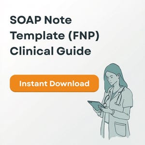 Puede incluir: Un gráfico digital con el texto "SOAP Note Template (FNP) Clinical Guide" y un botón naranja que dice "Instant Download". A la derecha, una ilustración de un profesional médico sosteniendo una tableta. El logotipo de FNPStudyHub está en la parte inferior.