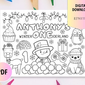 Winter Wonderland Birthday Party Coloring Page-Kids Printable Activity Placemat-Personalized Party Digital Download