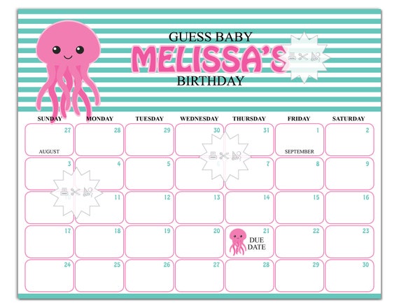 Jellyfish Baby Shower Calendar-Under The Sea Shower Prediction Calendar ...
