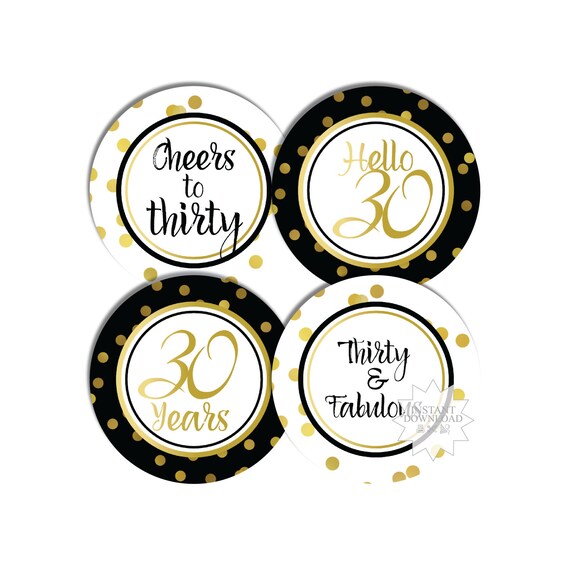30th Black & Gold Cupcake Toppers30th Birthday Party Tags Black And Gold Favor TagsINSTANT