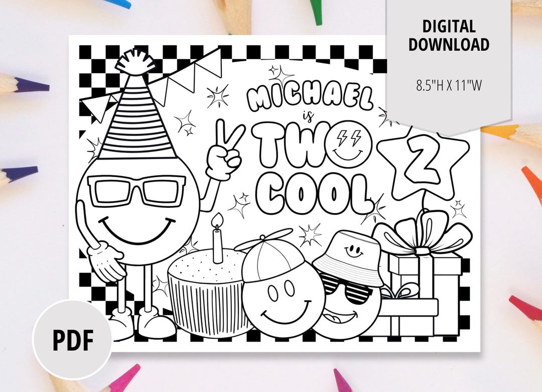 Two Cool Birthday Party Coloring Page-happy Face Coloring Sheet Party ...
