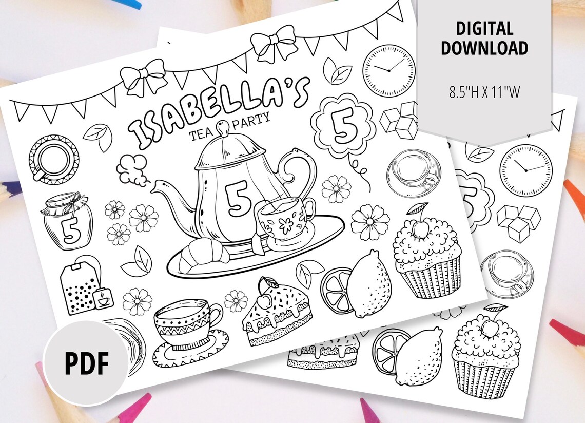 Tea Birthday Party Coloring Page-tea Coloring Sheet Party Favor-digital ...