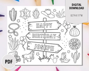 Western Birthday Party Coloring Page-Kids Printable Activity Placemat-Personalized Party Digital Download