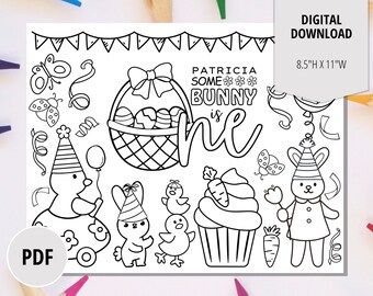 Some Bunny's First Birthday Party Coloring Page-Kids Printable Activity Placemat-Personalized Party Digital Download