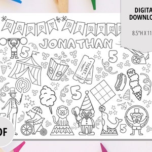 Página para colorear de fiesta de cumpleaños de circo o carnaval: mantel individual imprimible para niños: descarga digital personalizada para fiesta