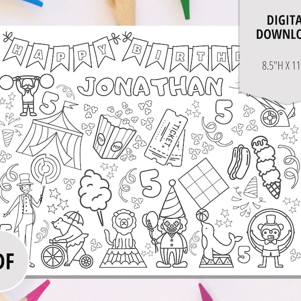 Circus/Carnival Birthday Party Coloring Page-Kids Printable Activity Placemat-Personalized Party Digital Download