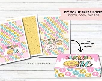 Donut Printable Box Template-Sweet One Favor Treat Box-Birthday Party Candy Box-Instant Download