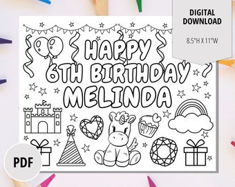 Unicorn Birthday Party Coloring Page-Kids Printable Activity Placemat-Personalized Party Digital Download
