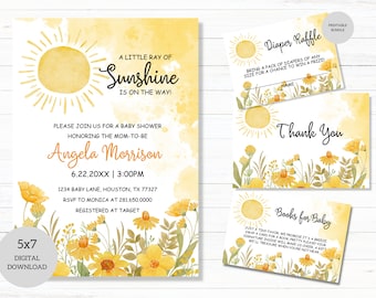 Sunshine Baby Shower Party Invitation Bundle-Books For Baby Card-Diaper Raffle Ticket-Thank you Card-DIGITAL DOWNLOAD