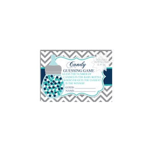 May include: A baby shower game card with a gray chevron background. The card features a baby bottle graphic filled with blue and teal candies. Text reads "Candy Guessing Game" and instructions for the game.