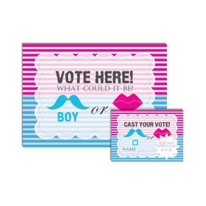 Bigode e lábios para chá de bebê, gênero revela cartões de votação - bilhete de votação para menino ou menina - DOWNLOAD INSTANTÂNEO