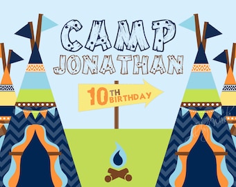 Teepee Birthday Backdrop Printable-Camping Birthday Backdrop Banner-Birthday Table Backdrop Banner-Boy-DIGITAL DOWNLOAD