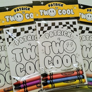 May include: Four coloring pages with the text "Patrick is Two Cool" in black and white. Each page has a black and white checkered background. Each page is packaged in a clear plastic bag with a set of crayons.