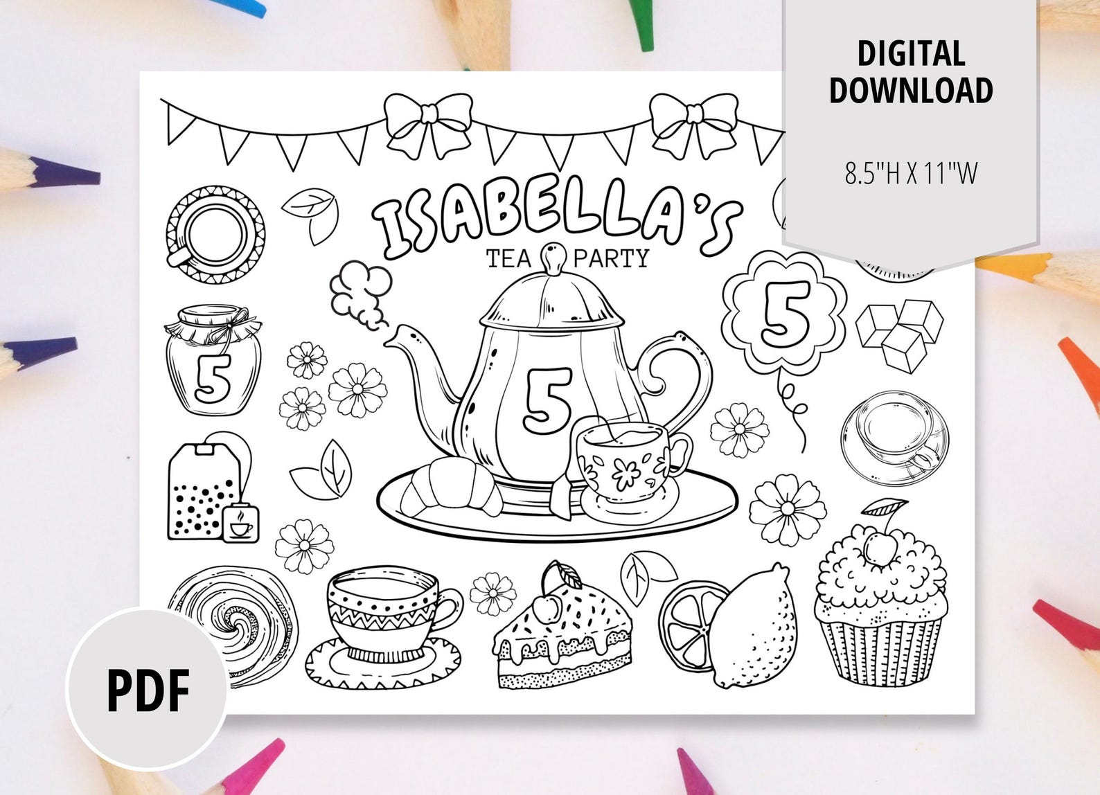 Tea Birthday Party Coloring Page-tea Coloring Sheet Party Favor-digital ...