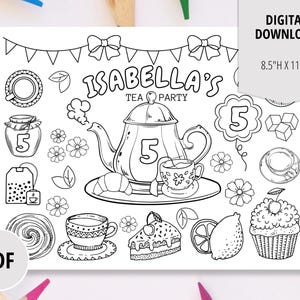 Pagina da colorare per la festa di compleanno del tè-Foglio da colorare per la festa del tè-Download digitale