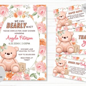 Paquete de invitación a fiesta de baby shower de oso-Libros para tarjeta de bebé-Boleto de rifa de pañales-Tarjeta de agradecimiento-DESCARGA DIGITAL