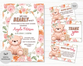 Bear Baby Shower Party Invitation Bundle-Books For Baby Card-Diaper Raffle Ticket-Thank you Card-DIGITAL DOWNLOAD