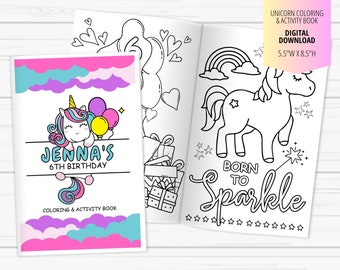 Unicorn Birthday Party Coloring Book-Kids Printable Activity Party Favors-Personalized Party Digital Download