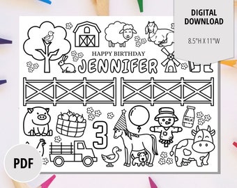 Barnyard Birthday Party Coloring Page-Kids Printable Activity Placemat-Personalized Party Digital Download