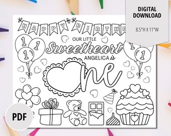 Sweetheart First Birthday Party Coloring Page-Valentine Kids Printable Activity Placemat-Personalized Party Digital Download