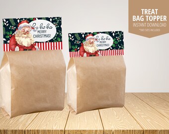 Pode incluir: Duas sacolas de papel marrom para guloseimas com enfeites de Natal. Os enfeites apresentam ilustrações do Papai Noel com o texto "Ho ho ho MERRY CHRISTMAS!" em um fundo de vegetação e listras vermelhas e brancas. O texto "TREAT BAG TOPPER" também é visível.