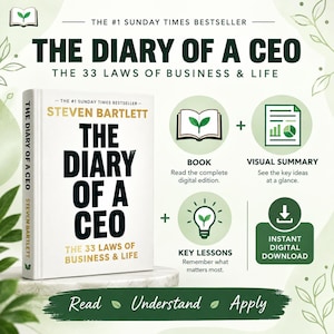 May include: A white book titled The Diary of a CEO by Steven Bartlett, featuring the subtitle The 33 Laws of Business & Life. The graphic includes icons for a book, a visual summary, and key lessons, with text indicating an instant digital download.